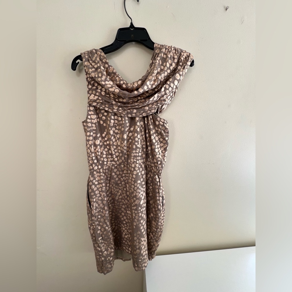 Sass and Bide Artistic print Dress dark tan with gold shaped irregular dots - Picture 4 of 7